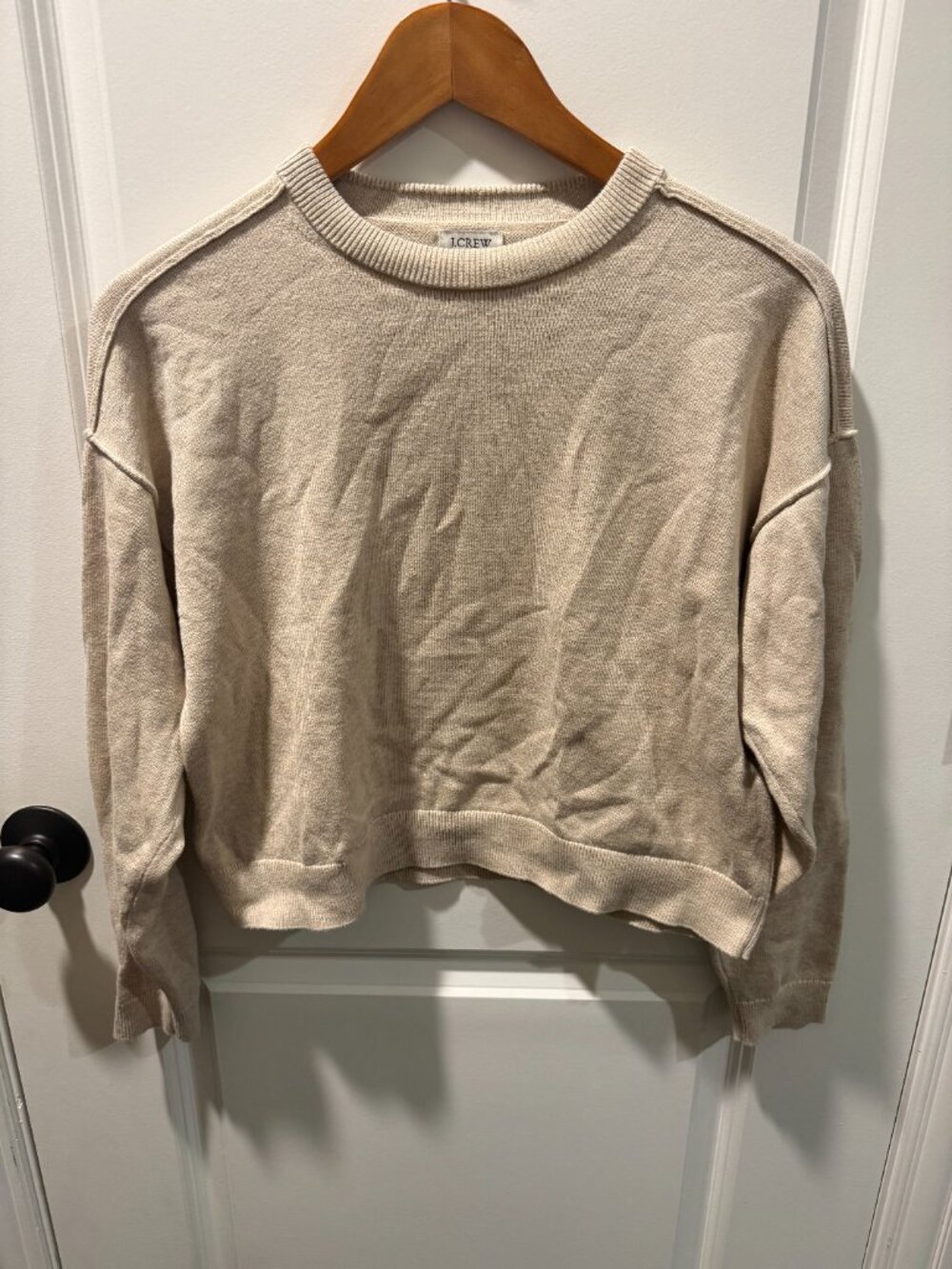 J.Crew Beige Cropped Boxy Sweater Exposed Seams Women's Size S - Picture 9 of 9